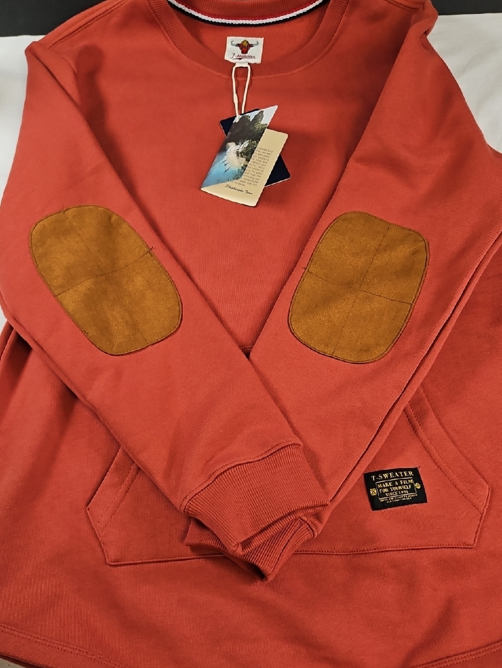 KaraKu NWT Crewneck Sweatshirt w/ Suede Elbow Patches, Size 2XL, Orange/Red